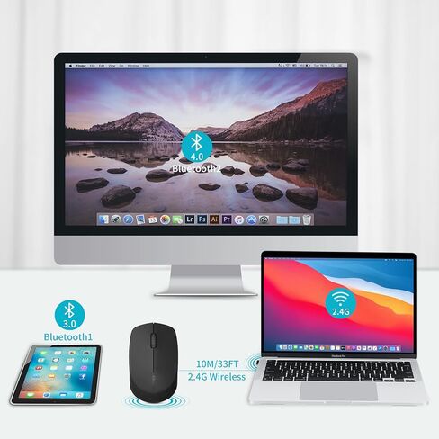 ماوس لاسلكي Rapoo Bluetooth 2.4G، قناتان بلوتوث مع ماوس مستقبل USB بدون ضوضاء، توصيل ما يصل إلى 3 أجهزة، ماوس كمبيوتر محمول للكمبيوتر الشخصي والكمبيوتر اللوحي والكمبيوتر المحمول - أسود in Kuwait