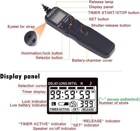 كابل التحكم عن بعد بمؤقت PHOLSY N8 مع مقياس فاصل زمني لنيكون Z8، Z9، D3، D4، D5، D6، D800، D850، D810، D700، D500، D300، D200، F6، F100، F5، F90، N90s، D1X، D2H، D3X، يحل محل نيكون MC-36A in Kuwait