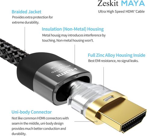 Zeskit Maya 2.1 8K كابل HDMI 6.5 قدم 4K120 هرتز 48 جيجابت في الثانية لألعاب eARC Soundbar Ethernet 144 هرتز معتمد فائق السرعة HDR VRR HDCP 2.2 2.3 متوافق مع Dolby Vision Atmos Apple TV Xbox Series X PS5 in Kuwait