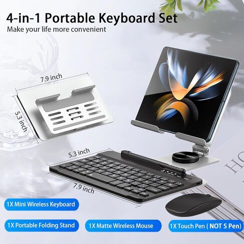 for Samsung Galaxy Z Fold 8 Ultra/Fold8 Wide/7/6/5 Stand and Keyboard Combo | 4-in-1 Portable Set Includes Mouse & Stylus Pen, Aluminum Alloy Foldable Desk Phone Stand, 7.9" Mini Bluetooth Keyboard in Kuwait