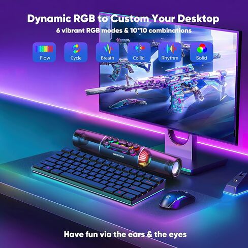 Computer Speakers Desktop, Dynamic RGB Gaming Soundbar Bluetooth 5.0, 16W Stereo Heavy Bass PC Speakers, Battery Powered Computer Sound Bar with Microphone for Monitor, Laptop, 3.5mm AUX USB Speakers in Saudi Arabia