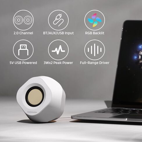 LTC AG-202 Bluetooth Computer Speakers, 2.0 Channel Desktop Speakers with 5 RGB Backlit Modes, USB Powered, Bluetooth 5.0/3.5mm AUX/USB-C Audio Input, White in Kuwait