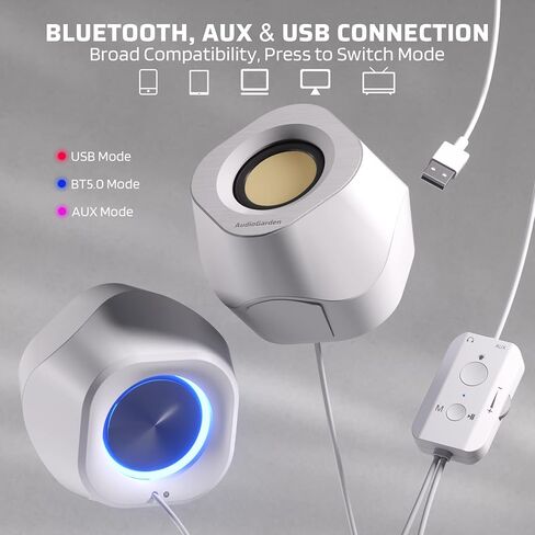 LTC AG-202 Bluetooth Computer Speakers, 2.0 Channel Desktop Speakers with 5 RGB Backlit Modes, USB Powered, Bluetooth 5.0/3.5mm AUX/USB-C Audio Input, White in Kuwait