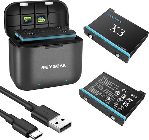 REYGEAK 2 حزم بديلة Insta 360 X3 بطارية 1800 مللي أمبير و3 قنوات LED USB شحن سريع، ملحقات شاحن حزمة البطارية البديلة لـ Insta 360 X3 (متوافقة تمامًا مع الأصلي) in Kuwait