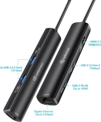 موزع ايثرنت انك ماكس P64HG2 USB نوع C متعدد المنافذ مع HDMI 8K60Hz ومنفذ ايثرنت 2.5Gbps و2 USB 3.2 وشحن بي دي لاجهزة ماك بوك برو/اير وايباد برو واللابتوب من النوع سي ثاندربولت 3 in Kuwait