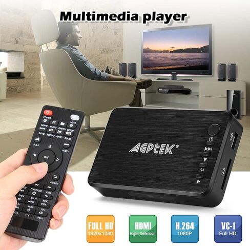 AGPTEK Updated 4K@30hz HDMI TV Media Player with HDMI/AV/VGA Output, Digital MP4 Player for 14TB HDD/ 256G USB Drive/SD Card/H.265 MP4, with Remote Control for MP3 AVI RMVB MPEG etc in Saudi Arabia