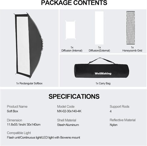 WELLMAKING 23.6x35.4 Rectangular Softbox with Bowens Mount for Photography | 60x90cm Size, Double Diffusers, Honeycomb Grid with Bag, Soft Light Control, Portrait Product Shooting, LED Flash Monolight in Saudi Arabia