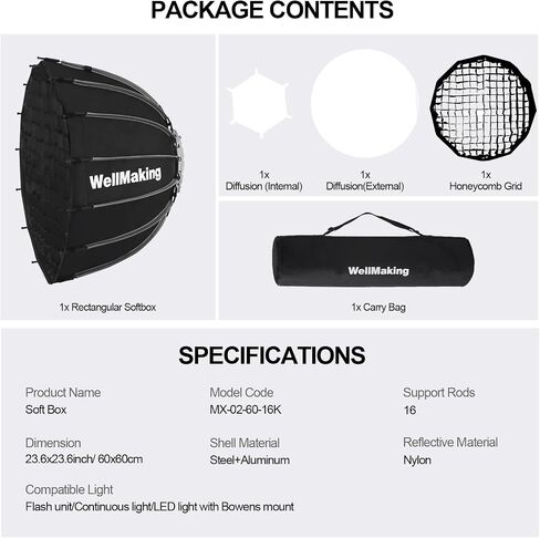 WELLMAKING 23.6x35.4 Rectangular Softbox with Bowens Mount for Photography | 60x90cm Size, Double Diffusers, Honeycomb Grid with Bag, Soft Light Control, Portrait Product Shooting, LED Flash Monolight in Saudi Arabia