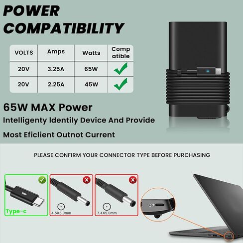 استبدال شاحن الكمبيوتر المحمول Dell، شاحن طاقة USB-C بقدرة 65 وات/45 وات، لسلك طاقة محول التيار المتردد من Dell Latitude/XPS 13/Chromebook من النوع C. in Kuwait