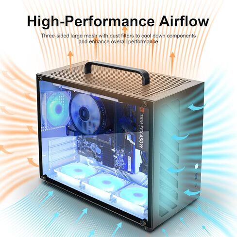 GOPIE Micro ATX pc case, T07 Portable Mini Tower Computer Chassis with Al-Alloy Handle, Gaming Desktop Computer Hosting case with Tempered Glass - Support MATX, Mini-ITX, Fans not Included - Black in Kuwait