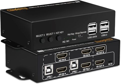 KVM Switch HDMI 2 شاشات 2 جهاز كمبيوتر، مفتاح HDMI KVM cenmate لجهازي كمبيوتر مشاركة طابعة لوحة المفاتيح وشاشتين، يدعم 4K/60 هرتز، مفتاح التشغيل السريع، وضع ممتد/المرآة in Kuwait