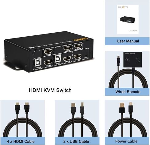 KVM Switch HDMI 2 شاشات 2 جهاز كمبيوتر، مفتاح HDMI KVM cenmate لجهازي كمبيوتر مشاركة طابعة لوحة المفاتيح وشاشتين، يدعم 4K/60 هرتز، مفتاح التشغيل السريع، وضع ممتد/المرآة in Kuwait