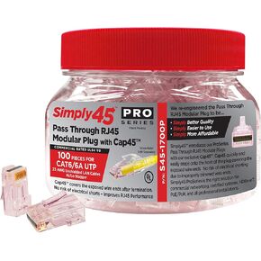 Simply45 ProSeries Unshielded Pass-Through RJ45 Modular Plugs with Cap45 for 23AWG Solid (Cat6/6a UTP) - Red Tint, Hi/Lo Stagger - 100-Pieces - S45-1700P