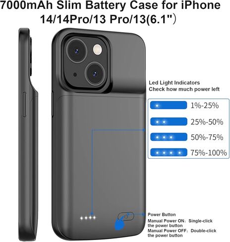 حافظة بطارية JUBOTY لهاتف iPhone 14/14Pro/13/13Pro مقاس 6.1 بوصات، 7000 مللي أمبير في الساعة Li-ion 0 دورة داخلية جديدة ترقية عالية السعة قابلة لإعادة الشحن حقيبة شحن محمولة حزمة بطارية ممتدة باللون الأسود in Kuwait