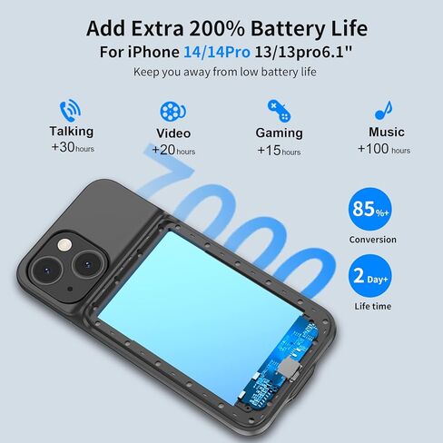 حافظة بطارية JUBOTY لهاتف iPhone 14/14Pro/13/13Pro مقاس 6.1 بوصات، 7000 مللي أمبير في الساعة Li-ion 0 دورة داخلية جديدة ترقية عالية السعة قابلة لإعادة الشحن حقيبة شحن محمولة حزمة بطارية ممتدة باللون الأسود in Kuwait