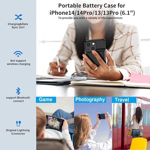 حافظة بطارية JUBOTY لهاتف iPhone 14/14Pro/13/13Pro مقاس 6.1 بوصات، 7000 مللي أمبير في الساعة Li-ion 0 دورة داخلية جديدة ترقية عالية السعة قابلة لإعادة الشحن حقيبة شحن محمولة حزمة بطارية ممتدة باللون الأسود in Kuwait