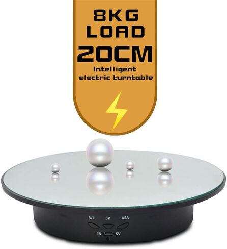 Qinmay 360-Degree Electric Rotating Turntable, Rechargeable Low Noise Adjustable Smooth Rotation Non-Slip Display Stand for Photographic Products (White, 7.8 inches/Load 17 LB/with Mirror Glass) in Kuwait