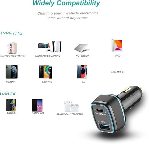 شاحن سيارة فائق السرعة 120 واط، شاحن سيارة WORDIMA PD100W شاحن سريع ثنائي المنفذ PPS PD3.0 QC5.0 SCP محول USB ولاعة السجائر متوافق مع MacBook Pro iPad iPhone Samsung Galaxy Pixel Oneplus in Kuwait