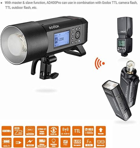 فلاش Godox AD400 Pro الكل في واحد خارجي بقوة 400 واط، حزمة بطارية ليثيوم 21.6 فولت/2600 مللي أمبير في الساعة توفر 390 نقطة طاقة كاملة، متوافقة مع Canon وNikon وSony وOlympus وFujifilm DSLRs in Saudi Arabia