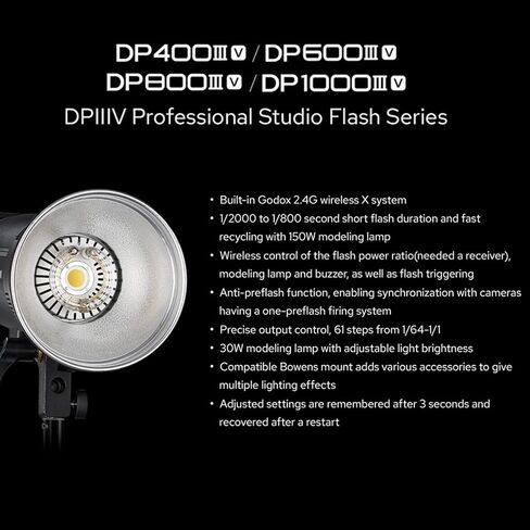 Godox DP400IIIV 400Ws Stobe Flash Studio Light GN87 0.1-1S وقت إعادة التدوير، 1/2000-1/800s مدة الفلاش، 2.4G X System CCT 5600±200K Bowens Mount Monolight للتصوير الفوتوغرافي في الاستوديو (DP400III-V) in Saudi Arabia