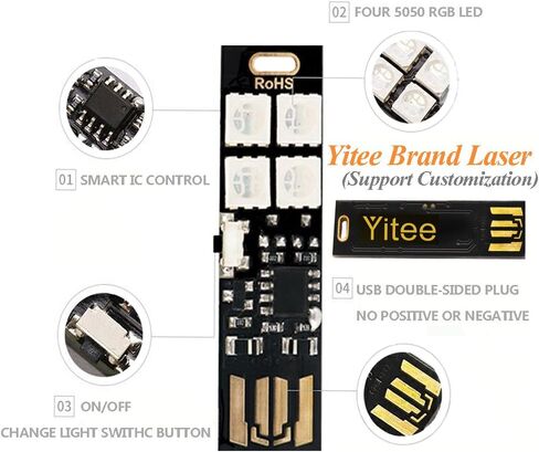Yitee Mini USB Lights 7-Color Changing Night Light 5050 RGB 4-LEDs Switch Control، USB LED TV Backlight Kit، مصباح طاولة، إضاءة ديكور مكتب، أضواء مزاجية للحفلات، ضوء لوحة مفاتيح الكمبيوتر المحمول in Kuwait