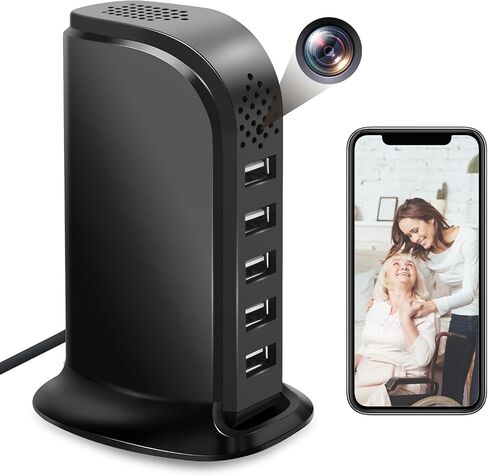WiFi USB Charger Hidden Camera,1080P Mini Video Recording, Motion Detection, APP Remote View - Indoor Security Spy Camera with 5-Port USB Charging Station, Secret Nanny Cam for Home/Office, No Audio in Saudi Arabia