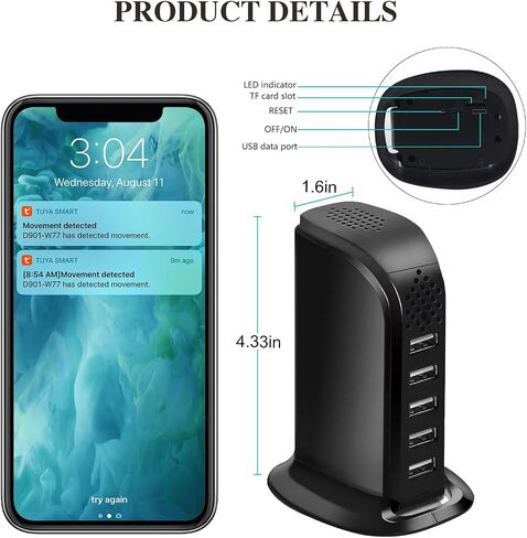 WiFi USB Charger Hidden Camera,1080P Mini Video Recording, Motion Detection, APP Remote View - Indoor Security Spy Camera with 5-Port USB Charging Station, Secret Nanny Cam for Home/Office, No Audio in Saudi Arabia