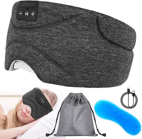 قناع نوم مع سماعات راس بلوتوث 24 ضوضاء بيضاء، مكبر صوت رفيع للغاية، قناع عين بلوتوث للنوم على الجانب، الطائرة، السفر، ادوات رائعة للنساء والرجال (اسود) in Kuwait