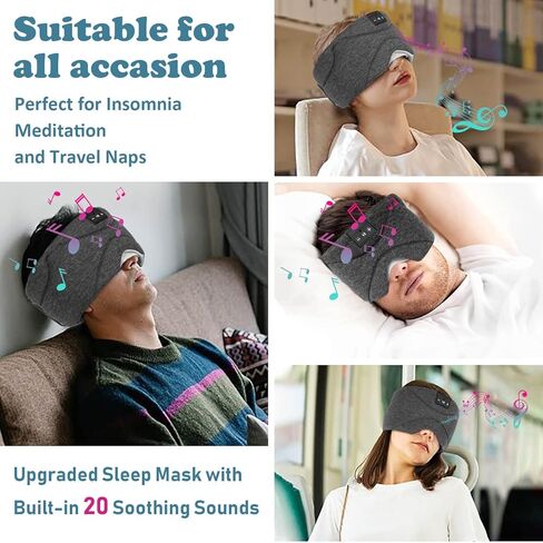قناع نوم مع سماعات راس بلوتوث 24 ضوضاء بيضاء، مكبر صوت رفيع للغاية، قناع عين بلوتوث للنوم على الجانب، الطائرة، السفر، ادوات رائعة للنساء والرجال (اسود) in Kuwait