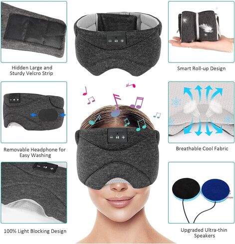 قناع نوم مع سماعات راس بلوتوث 24 ضوضاء بيضاء، مكبر صوت رفيع للغاية، قناع عين بلوتوث للنوم على الجانب، الطائرة، السفر، ادوات رائعة للنساء والرجال (اسود) in Kuwait
