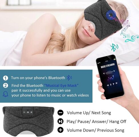 قناع نوم مع سماعات راس بلوتوث 24 ضوضاء بيضاء، مكبر صوت رفيع للغاية، قناع عين بلوتوث للنوم على الجانب، الطائرة، السفر، ادوات رائعة للنساء والرجال (اسود) in Kuwait