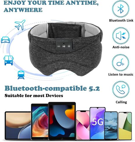 قناع نوم مع سماعات راس بلوتوث 24 ضوضاء بيضاء، مكبر صوت رفيع للغاية، قناع عين بلوتوث للنوم على الجانب، الطائرة، السفر، ادوات رائعة للنساء والرجال (اسود) in Kuwait