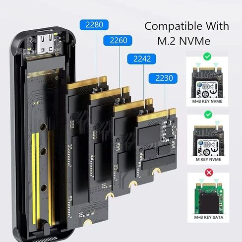 محول حاوية M.2 NVMe SSD بدون أدوات، حافظة NVMe SSD من الألومنيوم لمفتاح M-Key B&M-Key، 10 جيجابت في الثانية USB 3.2 Gen2 M.2 NVMe صندوق قارئ محرك الحالة الصلبة (يناسب فقط NVMe 2230/2242 / 2260/2280) in Kuwait