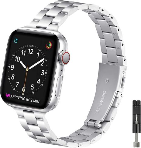 سوار رفيع من OMIU متوافق مع ساعة Apple 40 مم 38 مم 41 مم 42 مم 44 مم 45 مم 49 مم، حزام معصم بديل معدني من الفولاذ المقاوم للصدأ قابل للتعديل لسلسلة iWatch Ultra SE 9/8/7/6/5/4/3/2/1 للرجال والنساء in Kuwait
