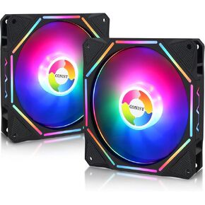 مروحة حافظة من سلسلة Conisy RGB LED مقاس 120 مم لحافظة الكمبيوتر، مروحة تبريد فريدة من نوعها فائقة الهدوء وطويلة العمر لألعاب الكمبيوتر - ملونة (عبوة من قطعتين) in Kuwait