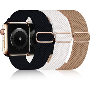 3 Pack Stretchy Solo Loop Band Compatible with Apple Watch Band 38mm 40mm 41mm for Women Men, Adjustable Sport Elastic Nylon Strap for iWatch Series Ultra/SE/8/7/6/5/4/3/2/1, Starlight/Brown/Black