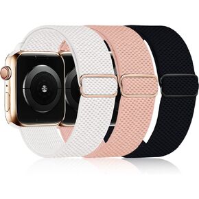 3 Pack Stretchy Solo Loop Band Compatible with Apple Watch Band 38mm 40mm 41mm for Women Men, Adjustable Sport Elastic Nylon Strap for iWatch Series Ultra/SE/8/7/6/5/4/3/2/1, Starlight/Brown/Black