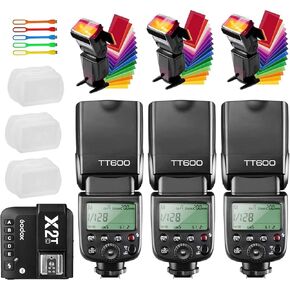Godox 3PCS TT600 Speed Sync 2.4G GN60 Camera Flash Speedlite Kit, 3X TT600+Diffuers+Filters High Flash with Godox X2T-C Wireless Remote Trigger Transmitter for Canon Cameras, USB LED Light