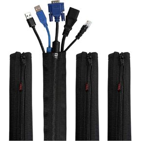 Cable Management Sleeve, Hikig Cord Organizer System - 19.5" Portable Nylon Cable Sleeve with Zipper, Wire Cover, Cable Wrap, Cord Sleeves for TV, Computer, Office, Home Entertainment, 4 Pack - Black in Kuwait