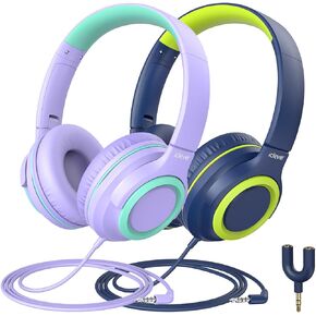 iClever HS22 2-Pack Kids Headphones with Sharing Splitter for School Travel | SafeSound Tech3.0, Share Audio, Tangle-Free, 3.5mm Jack, Foldable, Stereo Sound, Wired Headphones for Kids, Green & Blue in Saudi Arabia