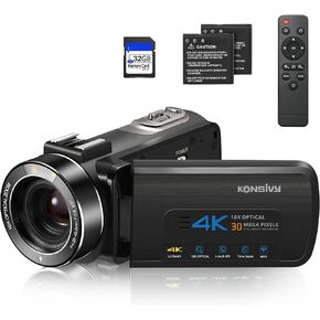 كاميرا فيديو KONSIVY بدقة 4K 24FPS مع تقريب بصري 10X ورقمي 4X، وكاميرات تسجيل فيديو WiFi مع تركيز تلقائي، وشاشة تعمل باللمس وجهاز تحكم عن بعد، ومسجل فيديو مع بطاريتين in Kuwait