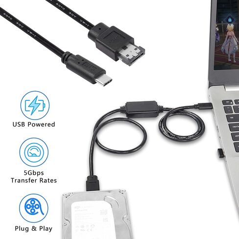 XMSJSIY USB إلى eSATA كابل محول 5 جيجابت في الثانية USB 3.0 إلى كابل محول eSATA للطاقة 5 فولت لأجهزة الكمبيوتر المحمول HDD/SSD/ODD - 3 قدم/1 متر in Kuwait