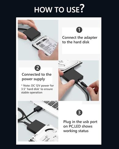 محول ساتا الى يو اس بي 3.0، كيبل محول القرص الصلب لهارد ديسك 3.5/2.5 انش مع محول طاقة 12 فولت/2 امبير (اسود) in Kuwait