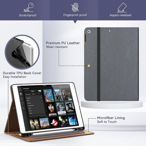 حافظة OKP لجهاز iPad الجيل التاسع 2021 / الجيل الثامن 2020/ الجيل السابع 2019 مقاس 10.2 بوصة مع غطاء حامل من جلد البولي يوريثان متعدد الزوايا مع حامل قلم رصاص وجيب، خاصية النوم/الاستيقاظ التلقائي، أسود + بني in Kuwait