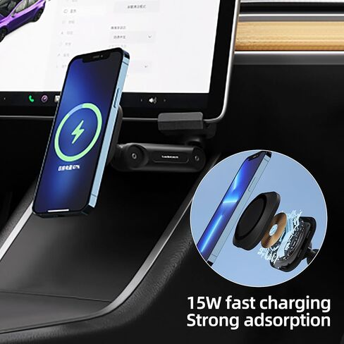 حامل هاتف AmaCielo Tesla للطراز 3/Y ذراعين 360 درجة حامل شاحن سيارة لاسلكي مغناطيسي قابل للتعديل، شحن سريع 15 وات مغناطيسي قوي متوافق مع حافظة MagSafe وiPhone 12/13/14 in Kuwait