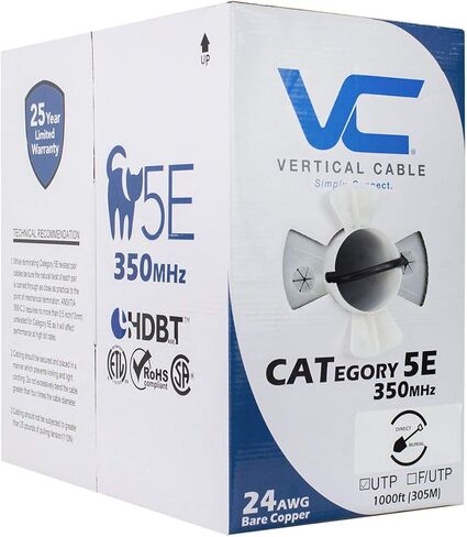 كابل عمودي Cat5e، 350 ميجا هرتز، محمي، مملوء بالجل (قلب مغمور)، دفن مباشر، 1000 قدم، أسود، كابل إيثرنت ضخم، بكرة خشبية in Kuwait