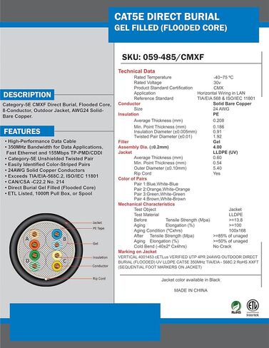 كابل عمودي Cat5e، 350 ميجا هرتز، محمي، مملوء بالجل (قلب مغمور)، دفن مباشر، 1000 قدم، أسود، كابل إيثرنت ضخم، بكرة خشبية in Kuwait