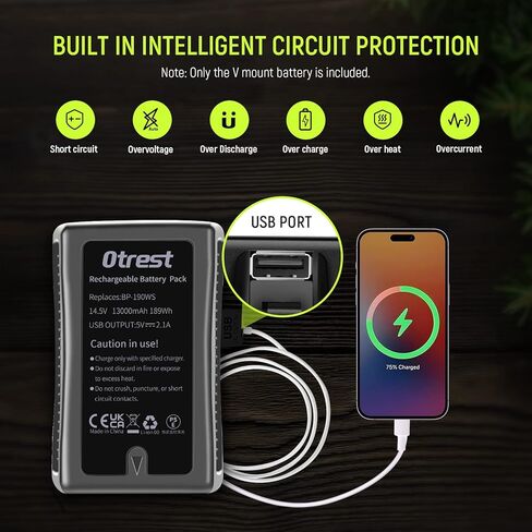 بطارية OTREST 13200 مللي أمبير على شكل V، BP-190WS 14.8 فولت 190 وات في الساعة بطارية ليثيوم أيون قابلة لإعادة الشحن مع شاحن مخرج D Tap وكابل لإضاءة LED لبث الفيديو متوافق مع كاميرا فيديو Sony BMPCC in Kuwait