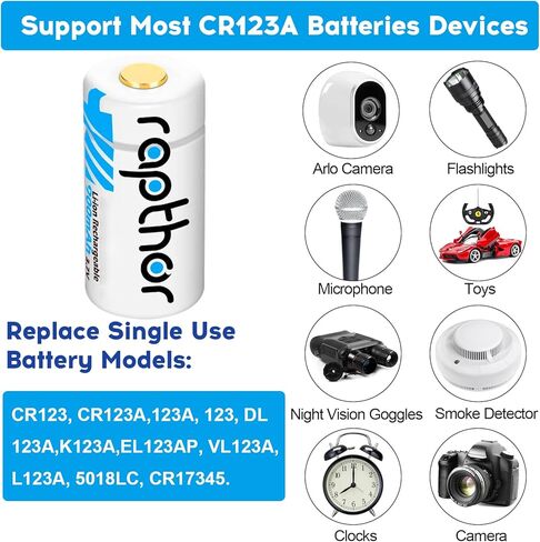 بطاريات ليثيوم Rapthor 123A 900 مللي أمبير في الساعة 8 عبوات، متوافقة مع كاميرات Arlo اللاسلكية والمصابيح الكاشفة ونظام إنذار المستشعرات الذكية (550 دورة) in Kuwait