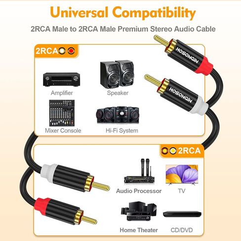 Short RCA Stereo Audio Cable 2 Pack, HOSONGIN 2 RCA Male to 2 RCA Male, High Elasticity PVC Jacket Gold-Plated Plug Double Shielding Cable, 1.6 Feet in Saudi Arabia
